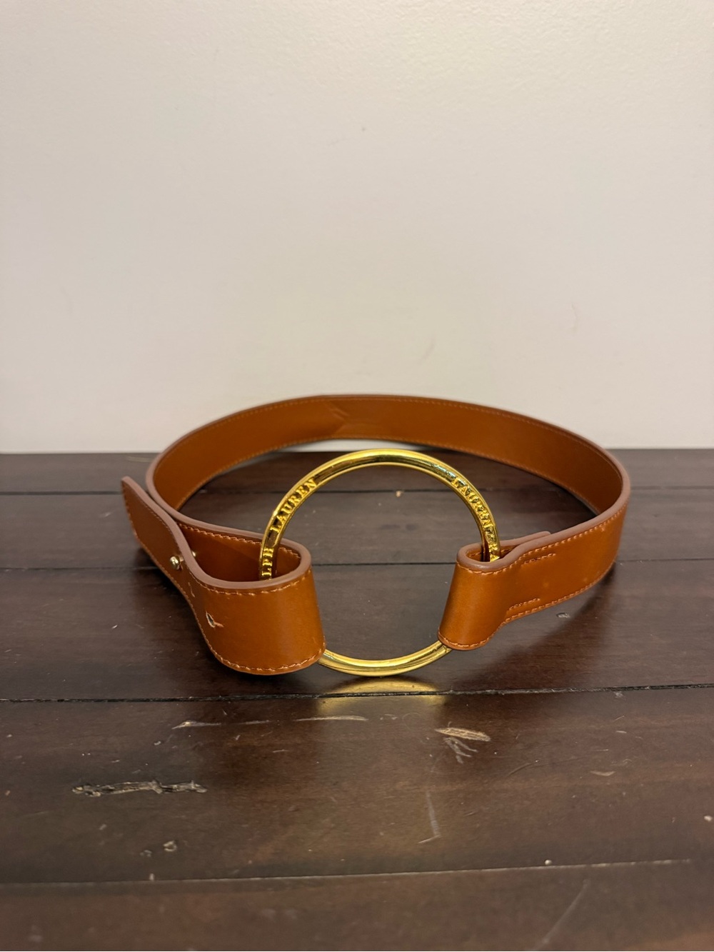 Lauren Ralph Lauren Cognac Brown Gold Tone O-Ring Statement Belt Size 6